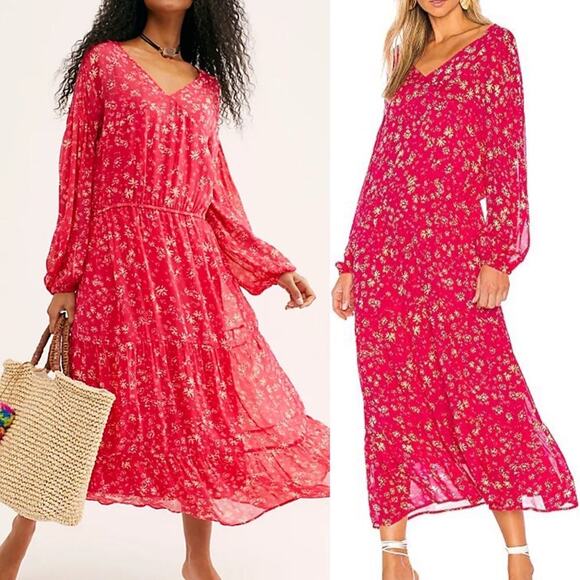 Free People pink floral flowy‎ midi dress size XS wallflower - Picture 1 of 8